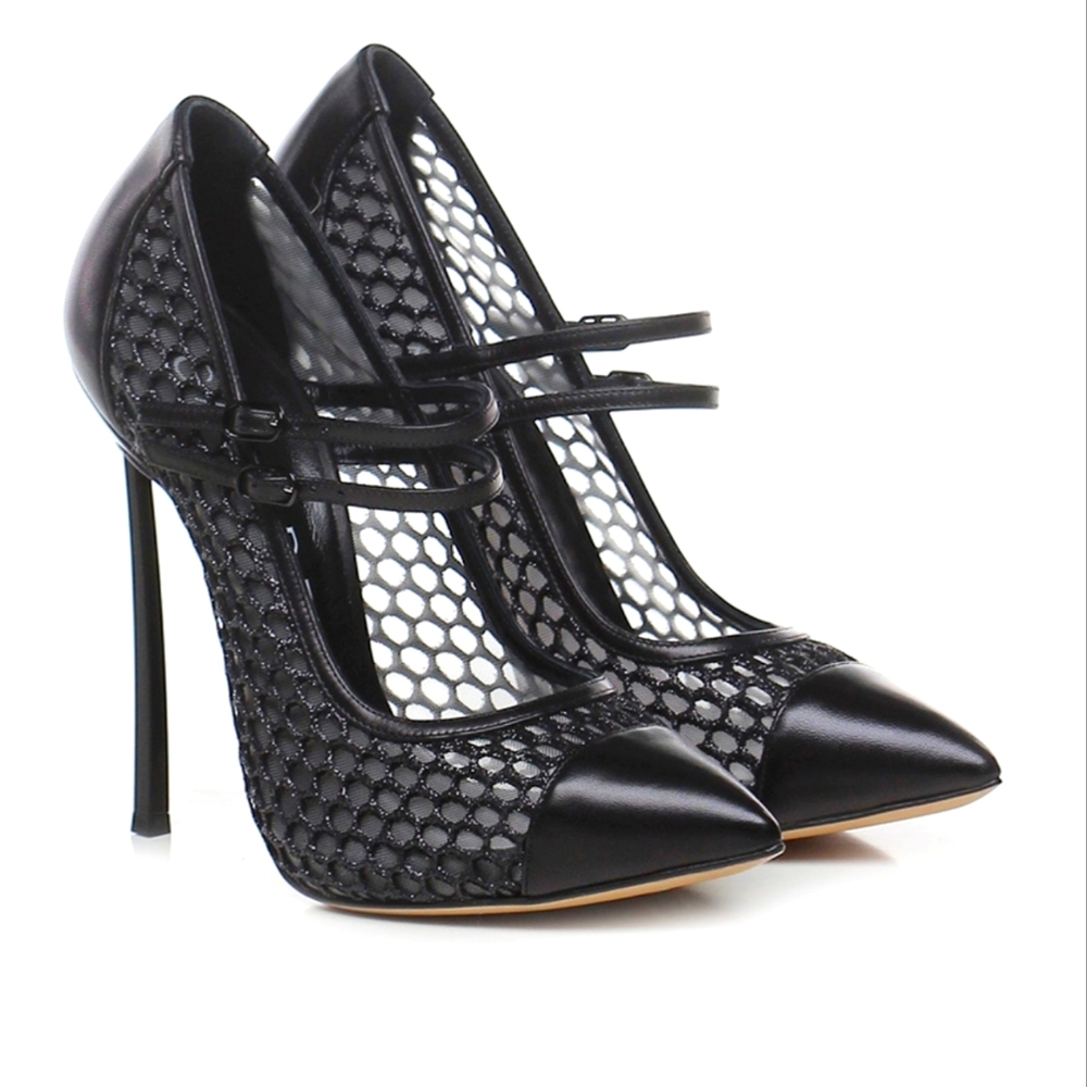 Casadei black leather with mesh 120 stiletto pumps